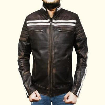 New Mens Moto Cafe Racer Retro Stripped Brown Distressed Leather Jacket Fashion